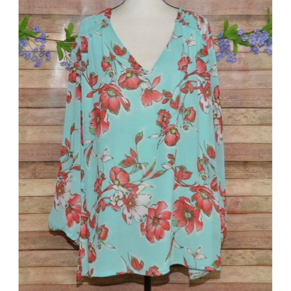 Belle by Kim Graver Floral Chiffon Overlay Blouson Blossom Blouse Top Plus 5X
